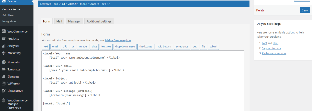 After installing the contact form 7 plugin you can see a sample form which is already created